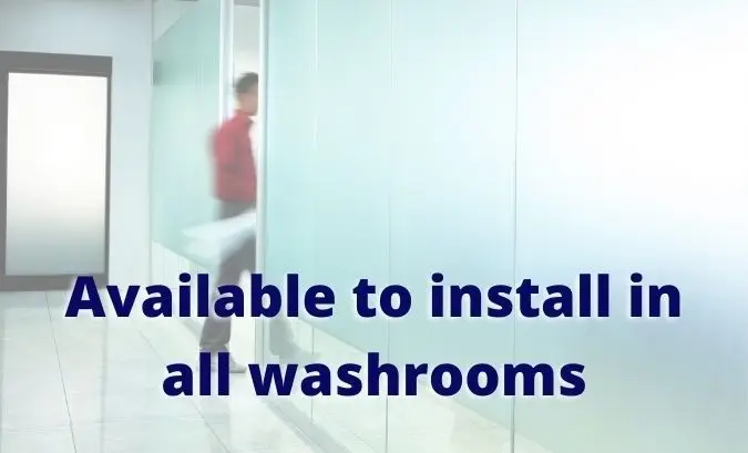 Our Sensitive Handling of Incontinence Disposal Services 1 man walking behind glass screen, text reads available to install in all washrooms - wilson washrooms incontinence and nappy disposal services