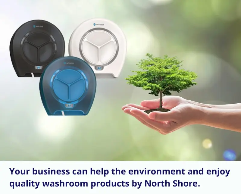 hands holding small tree next to 2 north shore paper dispensers - North Shore Washroom Products Scotland