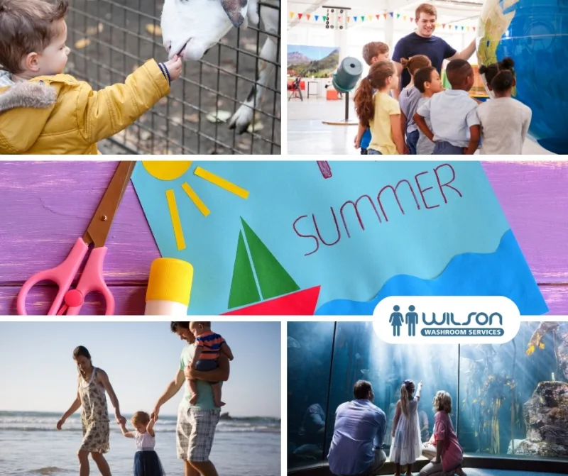summer collage of family activities: Wilson Washrooms summer washroom solutions